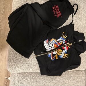 Ed Hardy Black Track Pants & Joggers with Red and Multicolor Design